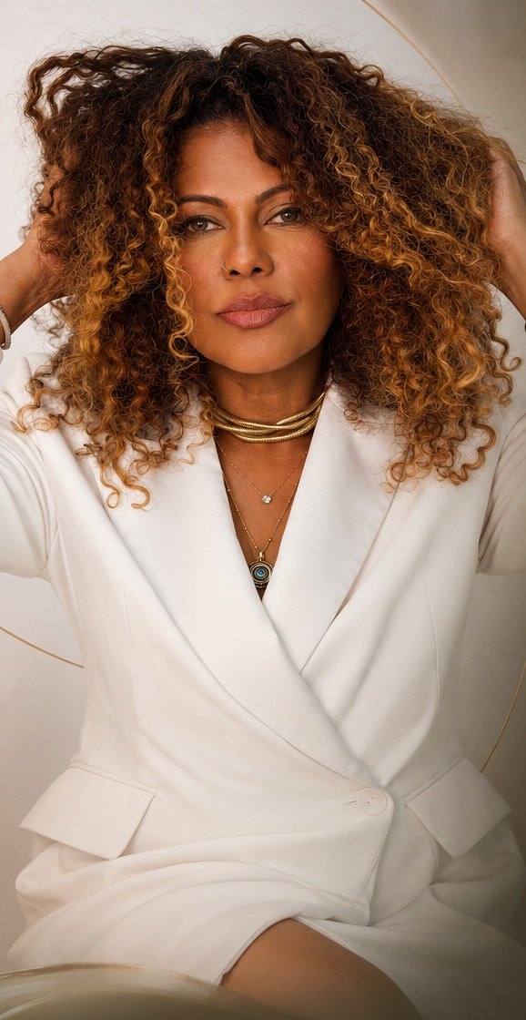 Márcia Valéria with both hands in her voluminous curly hair