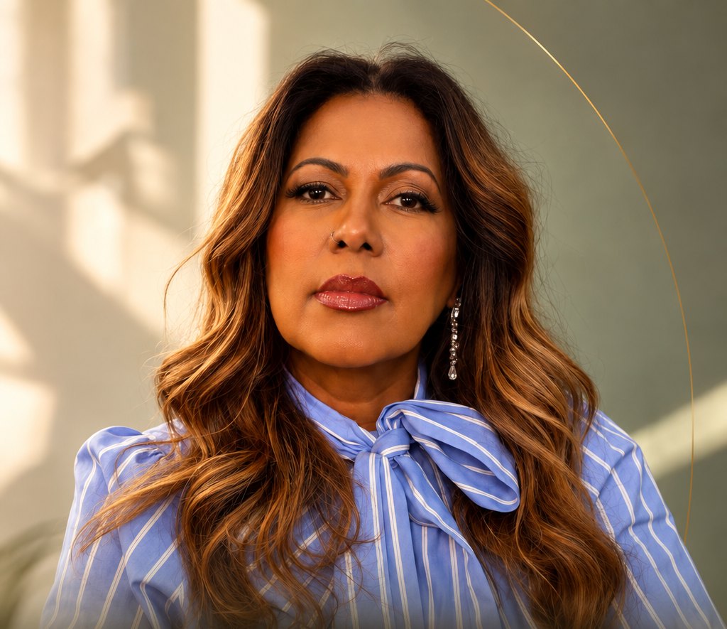 Portrait of Márcia Valéria in a blue striped blouse with a bow, long wavy hair with golden highlights